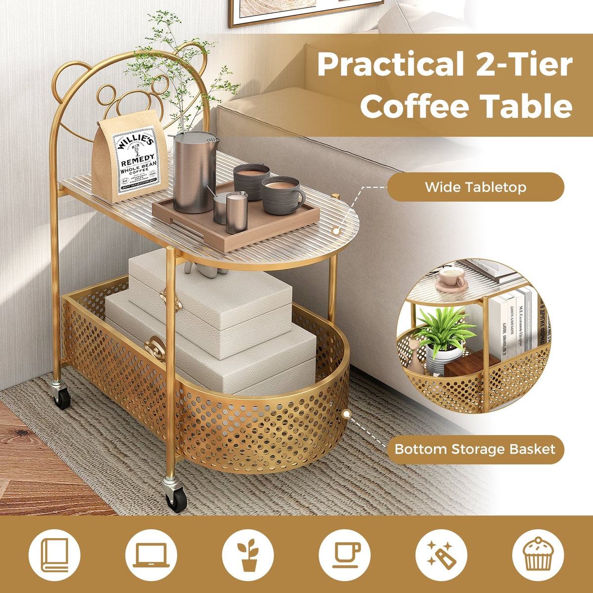 2-Tier Mobile Glass Coffee Table with Bear Pattern-Golden-End & Side Tables-DECOROLALA