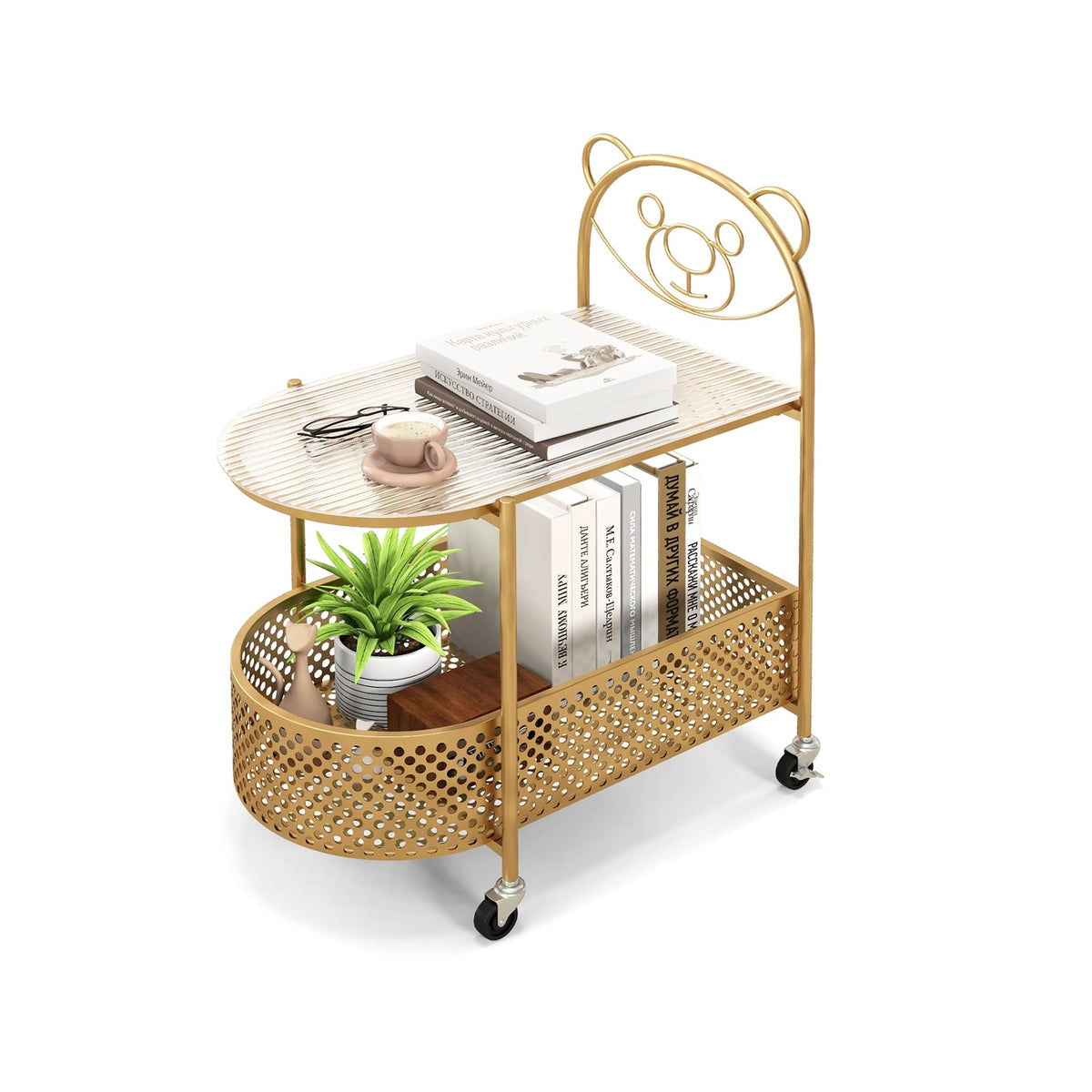 2-Tier Mobile Glass Coffee Table with Bear Pattern-Golden-End & Side Tables-DECOROLALA