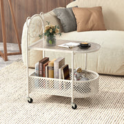 2-Tier Mobile Glass Coffee Table with Bear Pattern-White-End & Side Tables-DECOROLALA