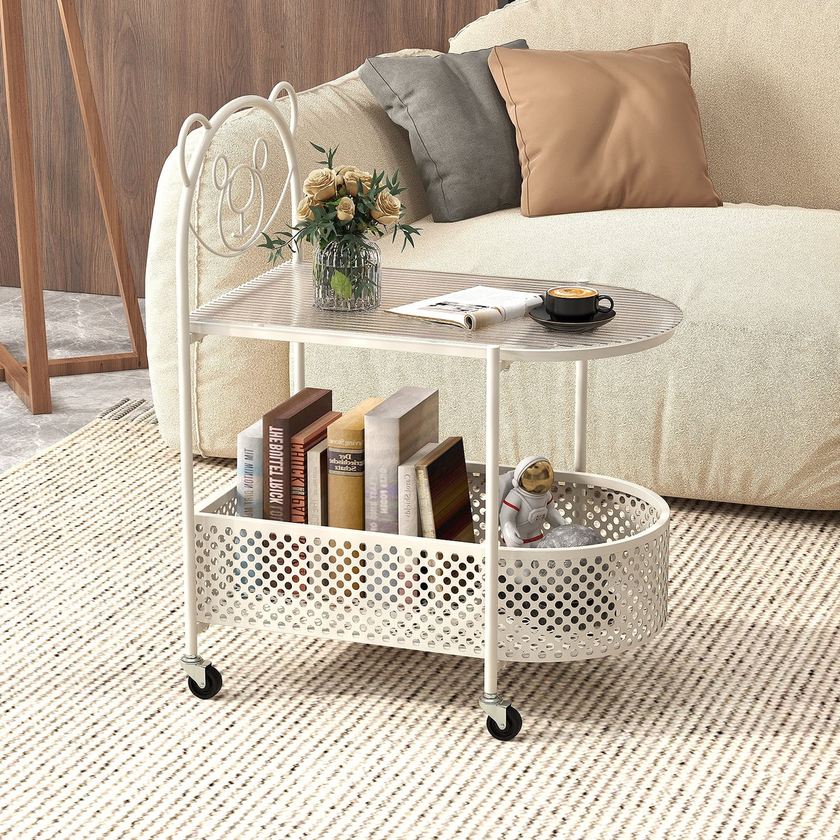 2-Tier Mobile Glass Coffee Table with Bear Pattern-White-End & Side Tables-DECOROLALA