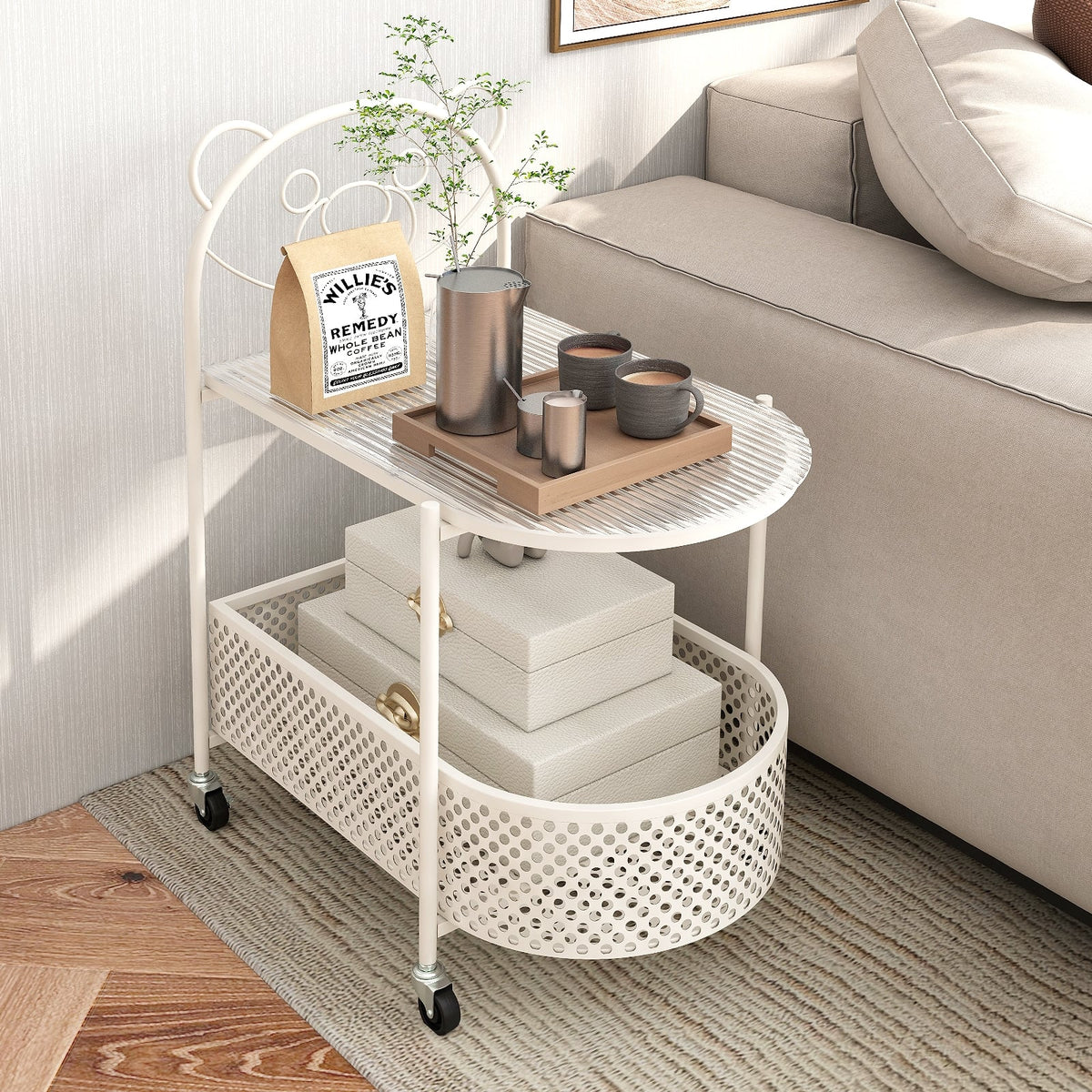 2-Tier Mobile Glass Coffee Table with Bear Pattern-White-End & Side Tables-DECOROLALA