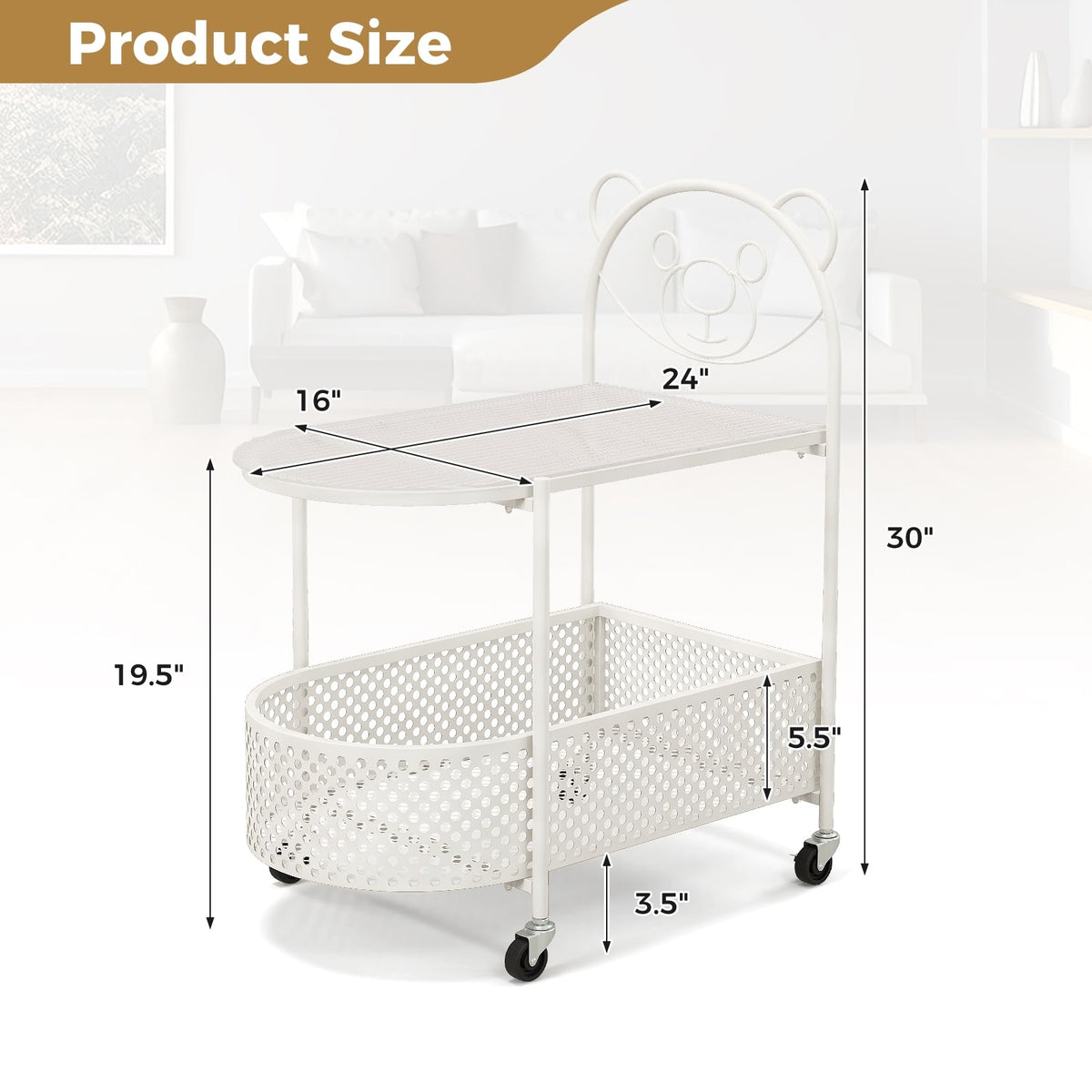 2-Tier Mobile Glass Coffee Table with Bear Pattern-White-End & Side Tables-DECOROLALA