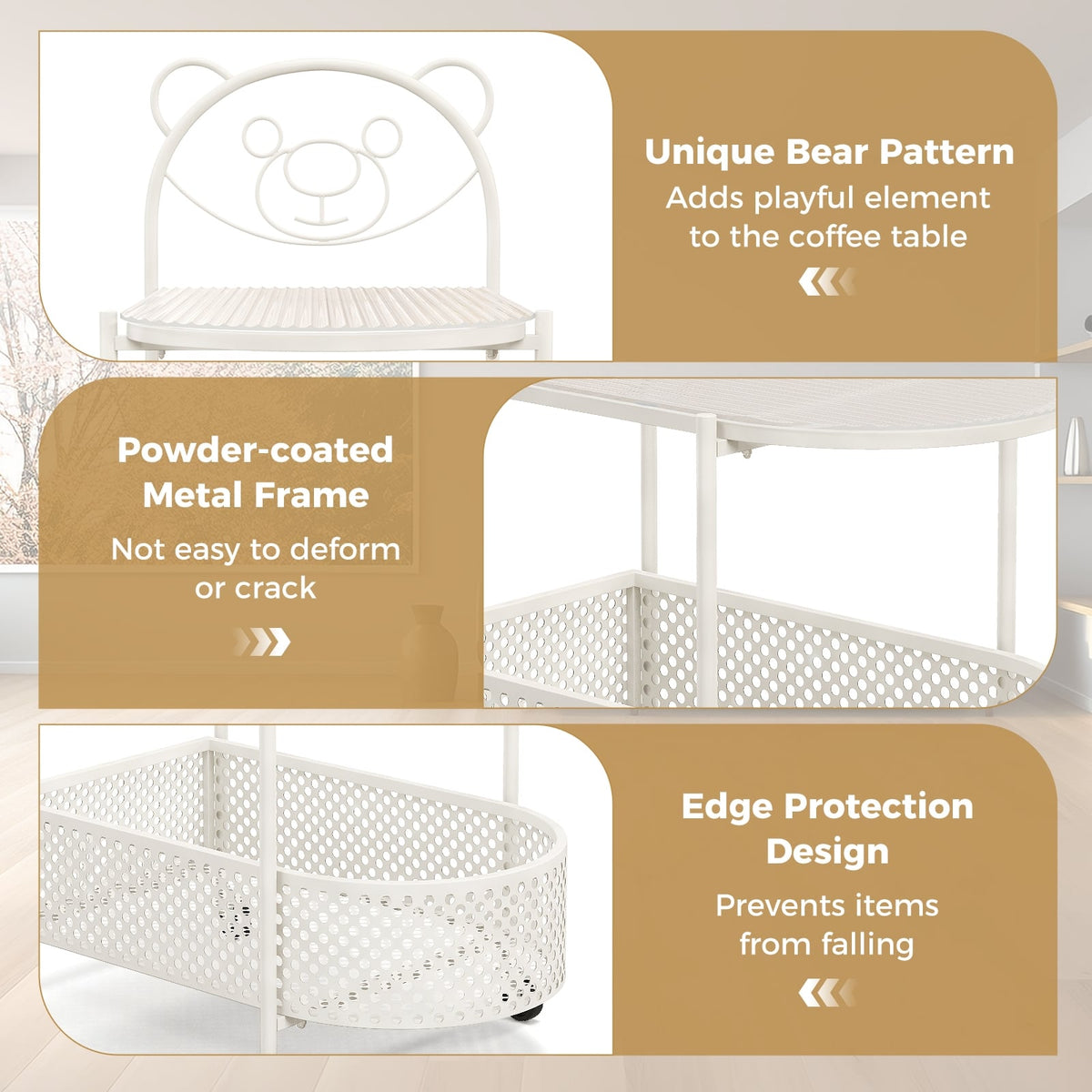 2-Tier Mobile Glass Coffee Table with Bear Pattern-White-End & Side Tables-DECOROLALA