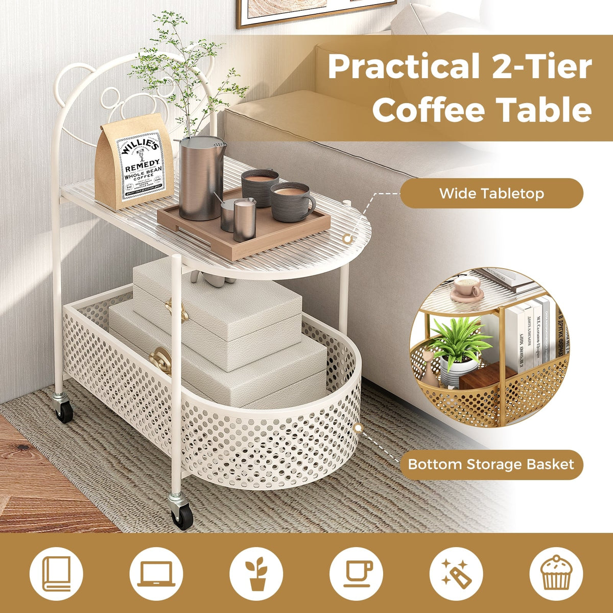 2-Tier Mobile Glass Coffee Table with Bear Pattern-White-End & Side Tables-DECOROLALA