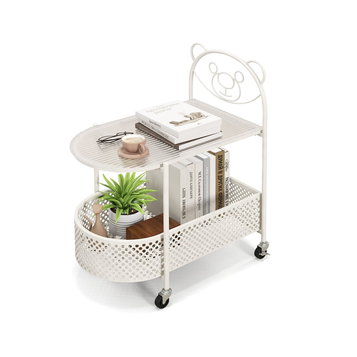 2-Tier Mobile Glass Coffee Table with Bear Pattern-White-End & Side Tables-DECOROLALA