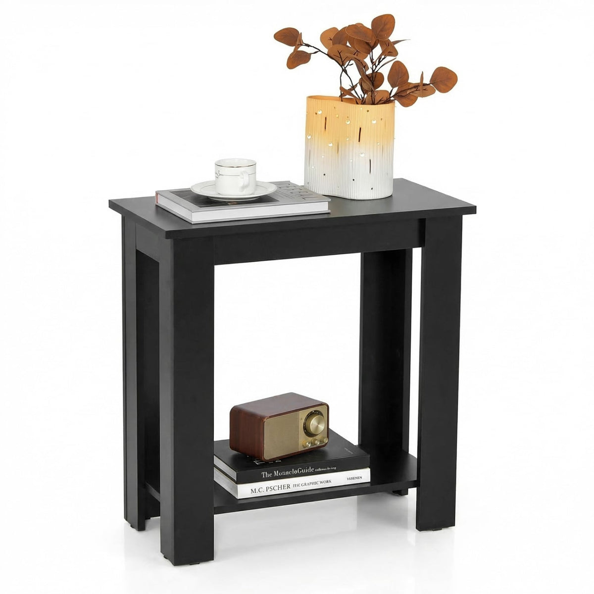 2-Tier Modern Compact End Table with Storage Shelf-Black-End & Side Tables-DECOROLALA