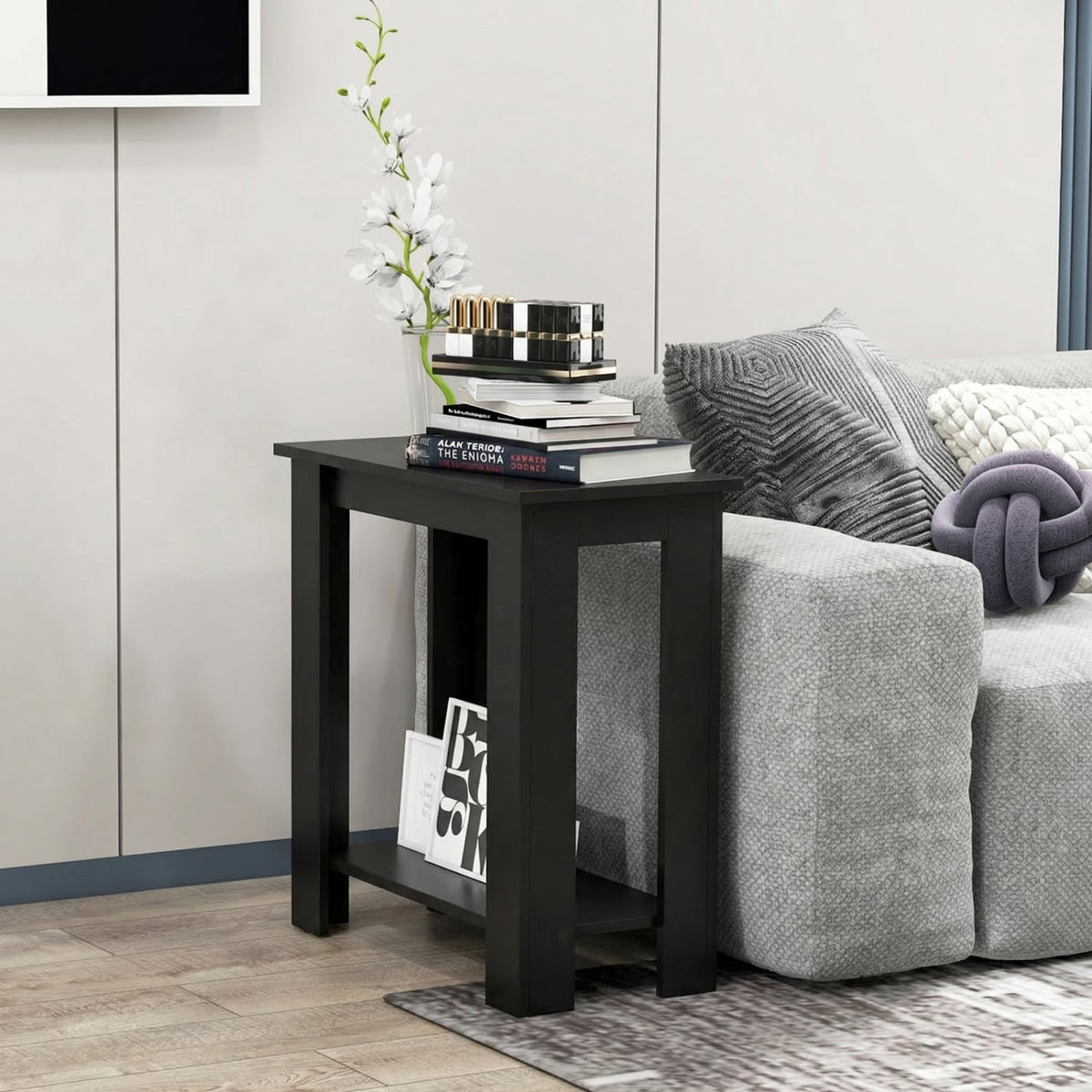 2-Tier Modern Compact End Table with Storage Shelf-Black-End & Side Tables-DECOROLALA