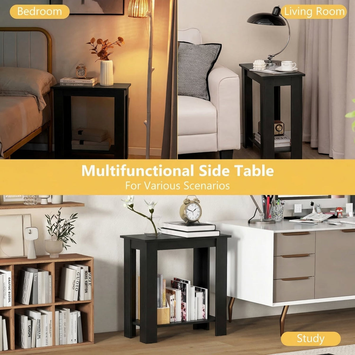 2-Tier Modern Compact End Table with Storage Shelf-Black-End & Side Tables-DECOROLALA