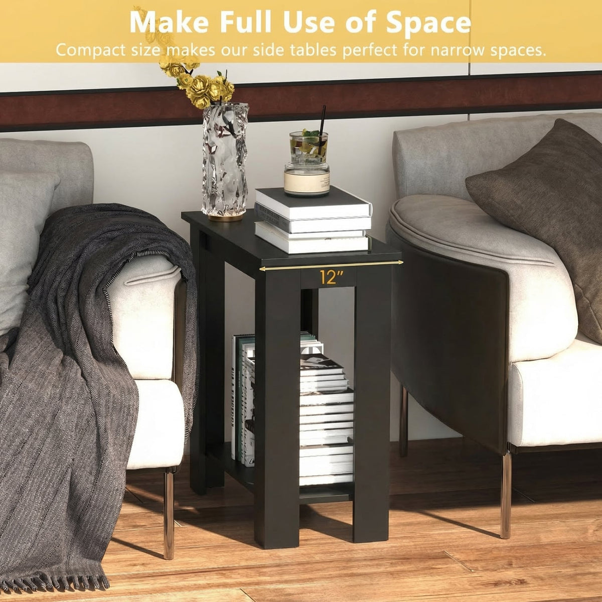 2-Tier Modern Compact End Table with Storage Shelf-Black-End & Side Tables-DECOROLALA