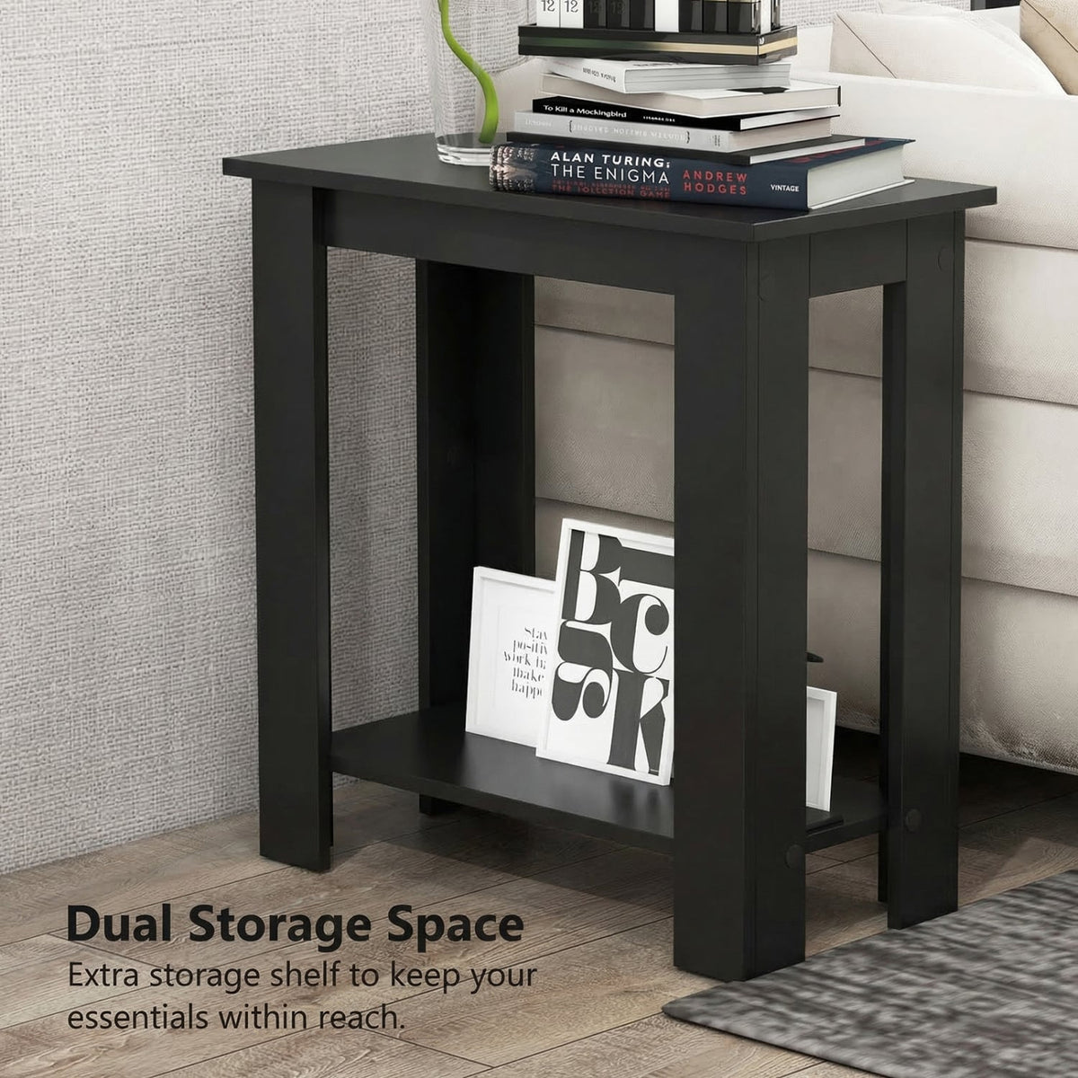 2-Tier Modern Compact End Table with Storage Shelf-Black-End & Side Tables-DECOROLALA