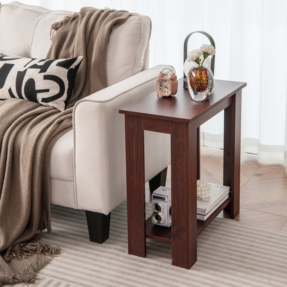 2-Tier Modern Compact End Table with Storage Shelf-Brown-End & Side Tables-DECOROLALA