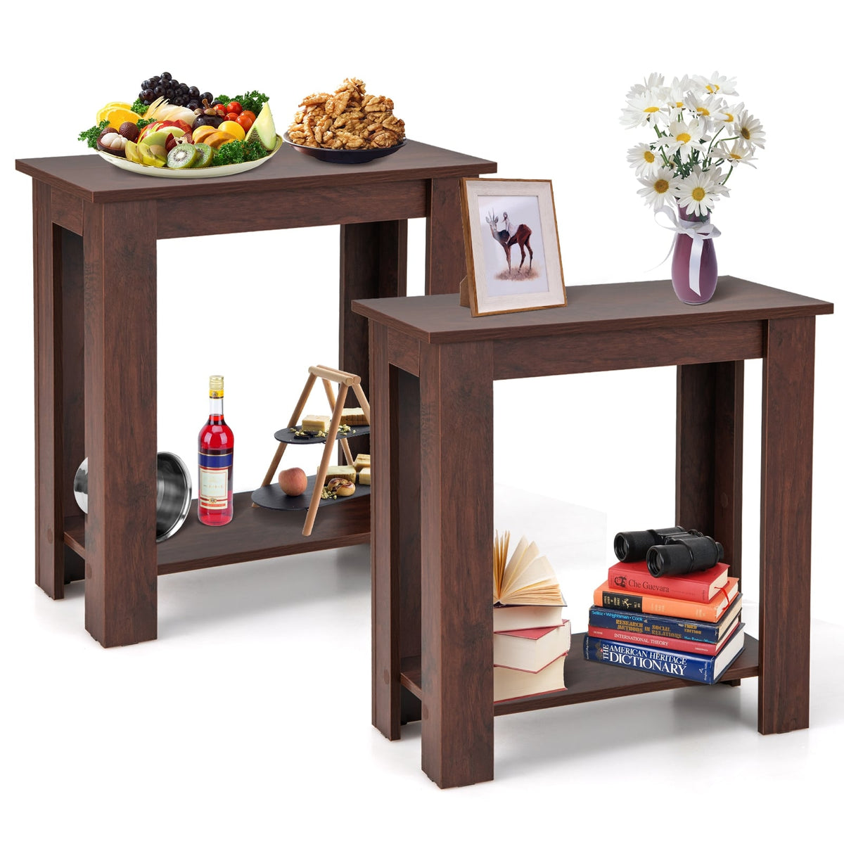 2-Tier Modern Compact End Table with Storage Shelf-Brown-End & Side Tables-DECOROLALA