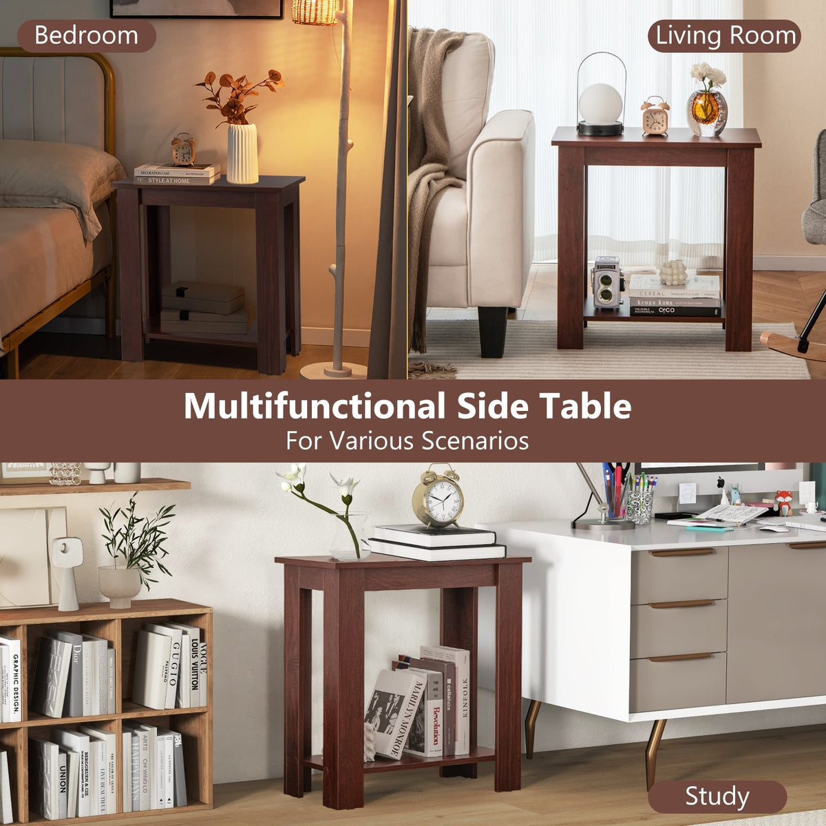 2-Tier Modern Compact End Table with Storage Shelf-Brown-End & Side Tables-DECOROLALA