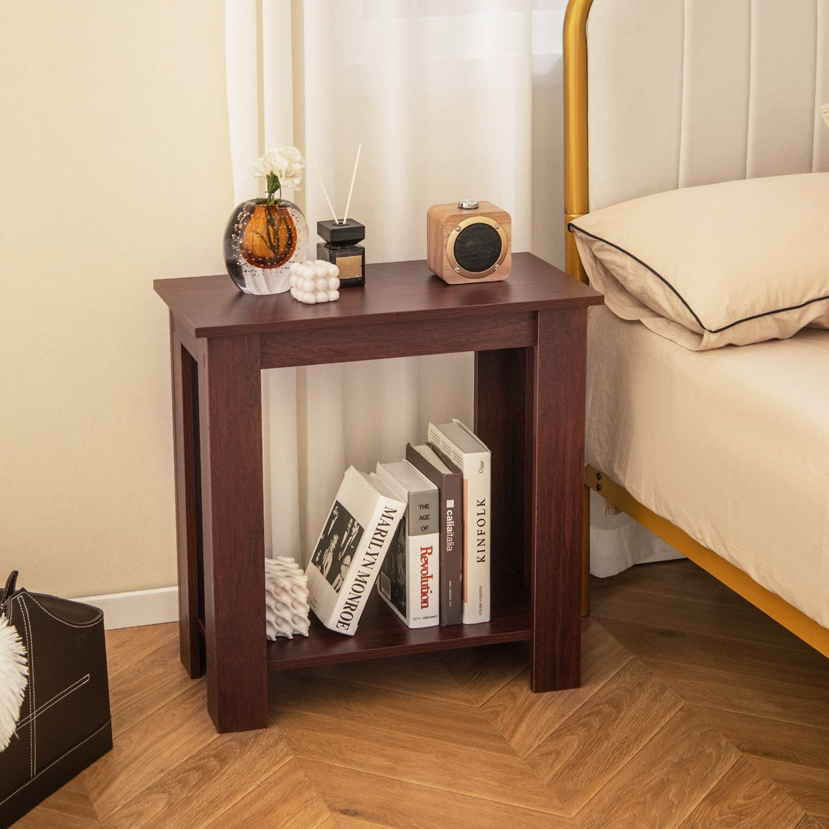 2-Tier Modern Compact End Table with Storage Shelf-Brown-End & Side Tables-DECOROLALA