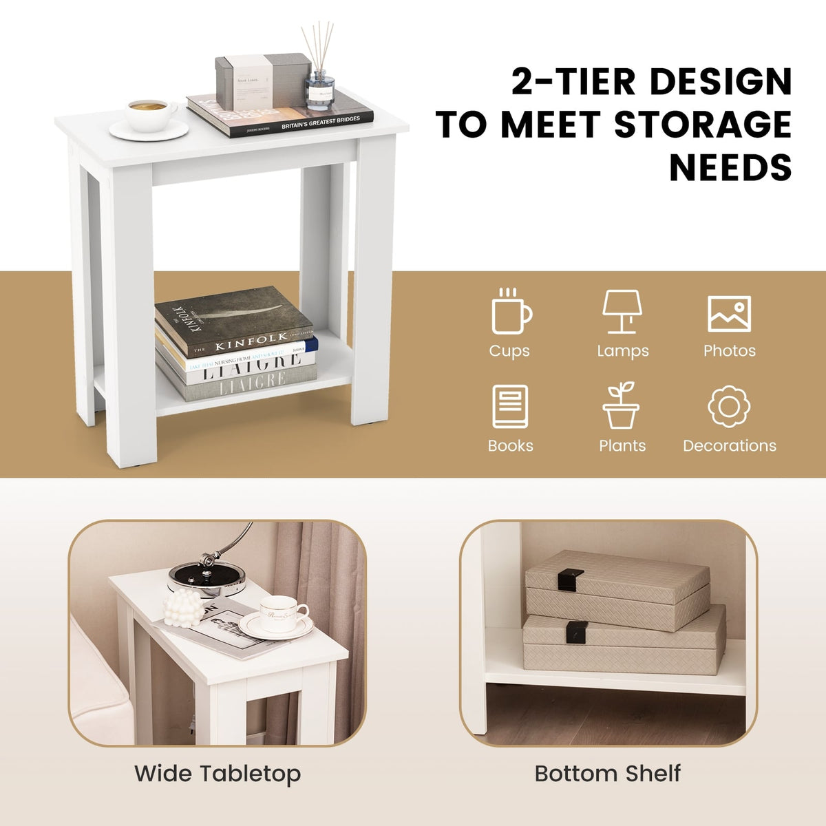 2-Tier Modern Compact End Table with Storage Shelf-White-End & Side Tables-DECOROLALA