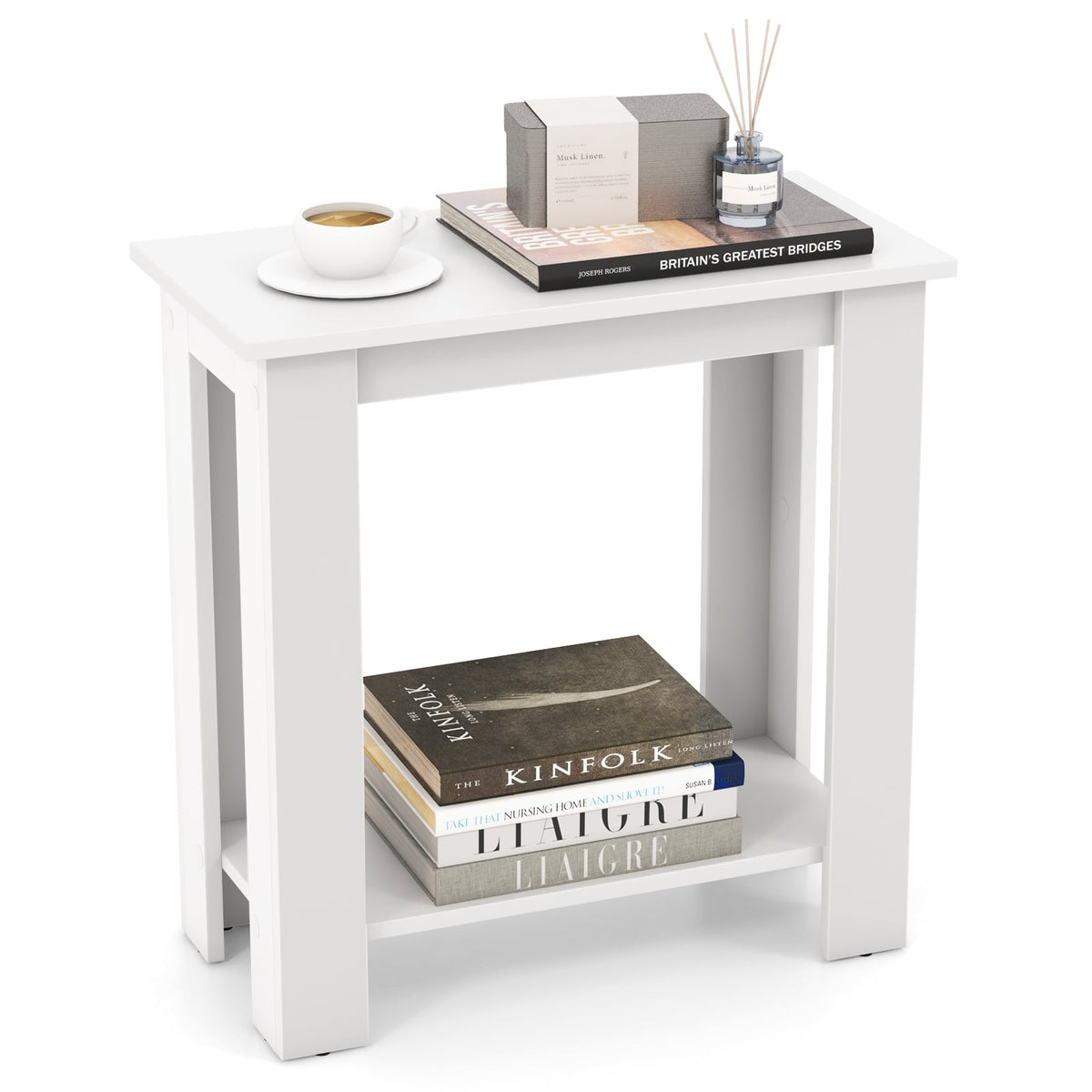 2-Tier Modern Compact End Table with Storage Shelf-White-End & Side Tables-DECOROLALA