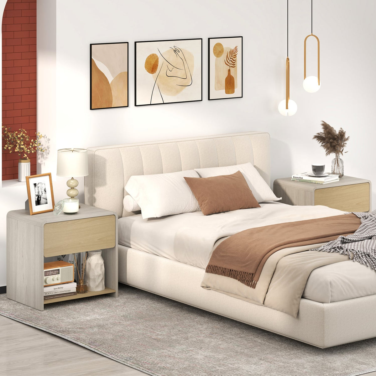 2-Tier Modern Style Nightstand with Drawer and Open Shelf-Oak-Nightstands-DECOROLALA