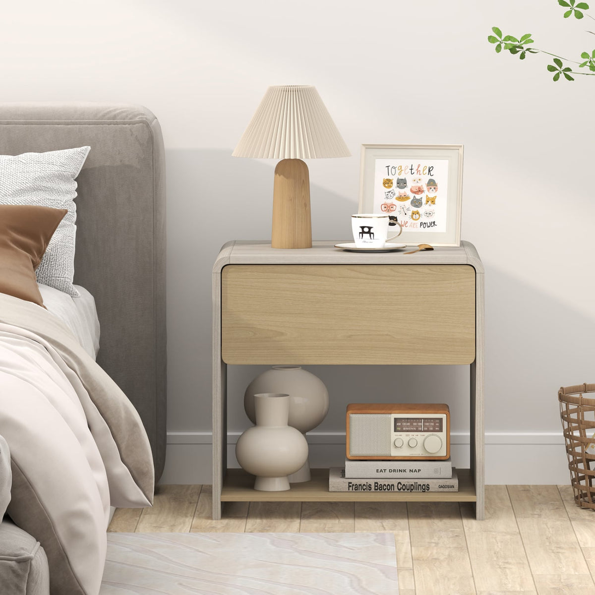 2-Tier Modern Style Nightstand with Drawer and Open Shelf-Oak-Nightstands-DECOROLALA