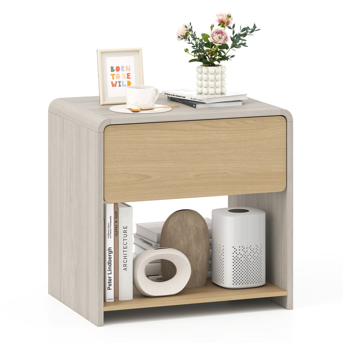 2-Tier Modern Style Nightstand with Drawer and Open Shelf-Oak-Nightstands-DECOROLALA