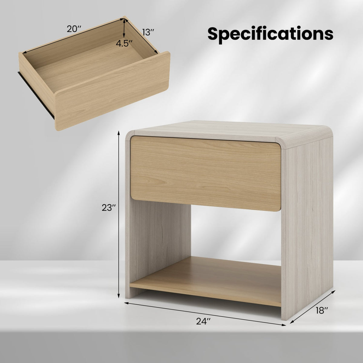 2-Tier Modern Style Nightstand with Drawer and Open Shelf-Oak-Nightstands-DECOROLALA