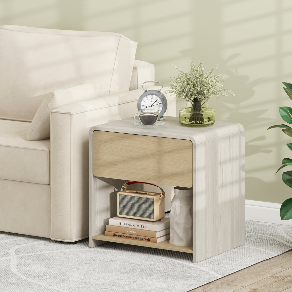 2-Tier Modern Style Nightstand with Drawer and Open Shelf-Oak-Nightstands-DECOROLALA
