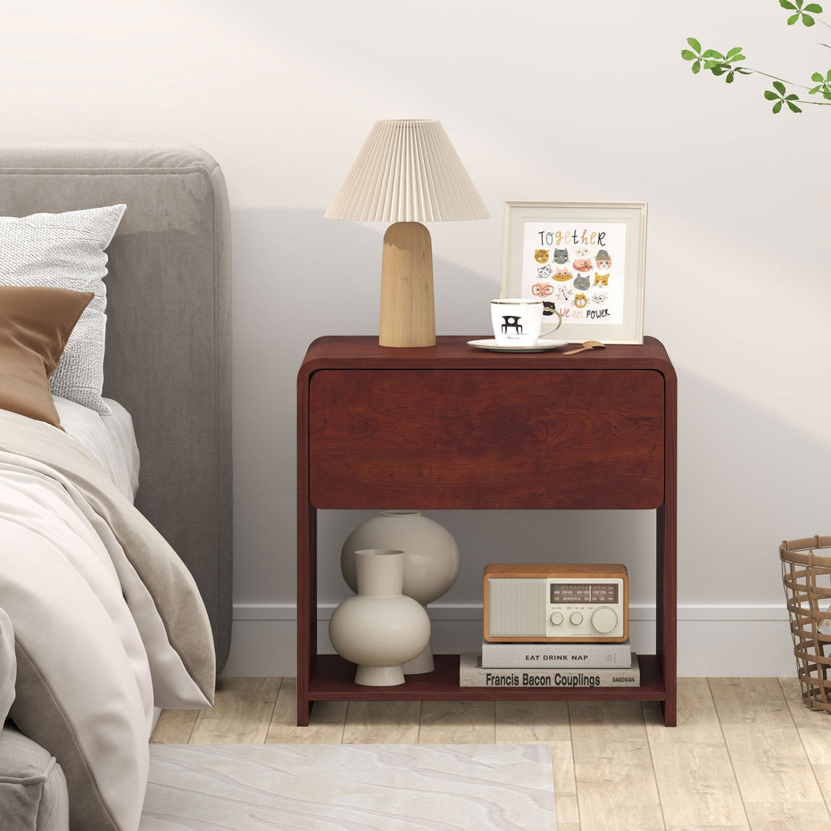 2-Tier Modern Style Nightstand with Drawer and Open Shelf for Bedroom-Walnut-Nightstands-DECOROLALA