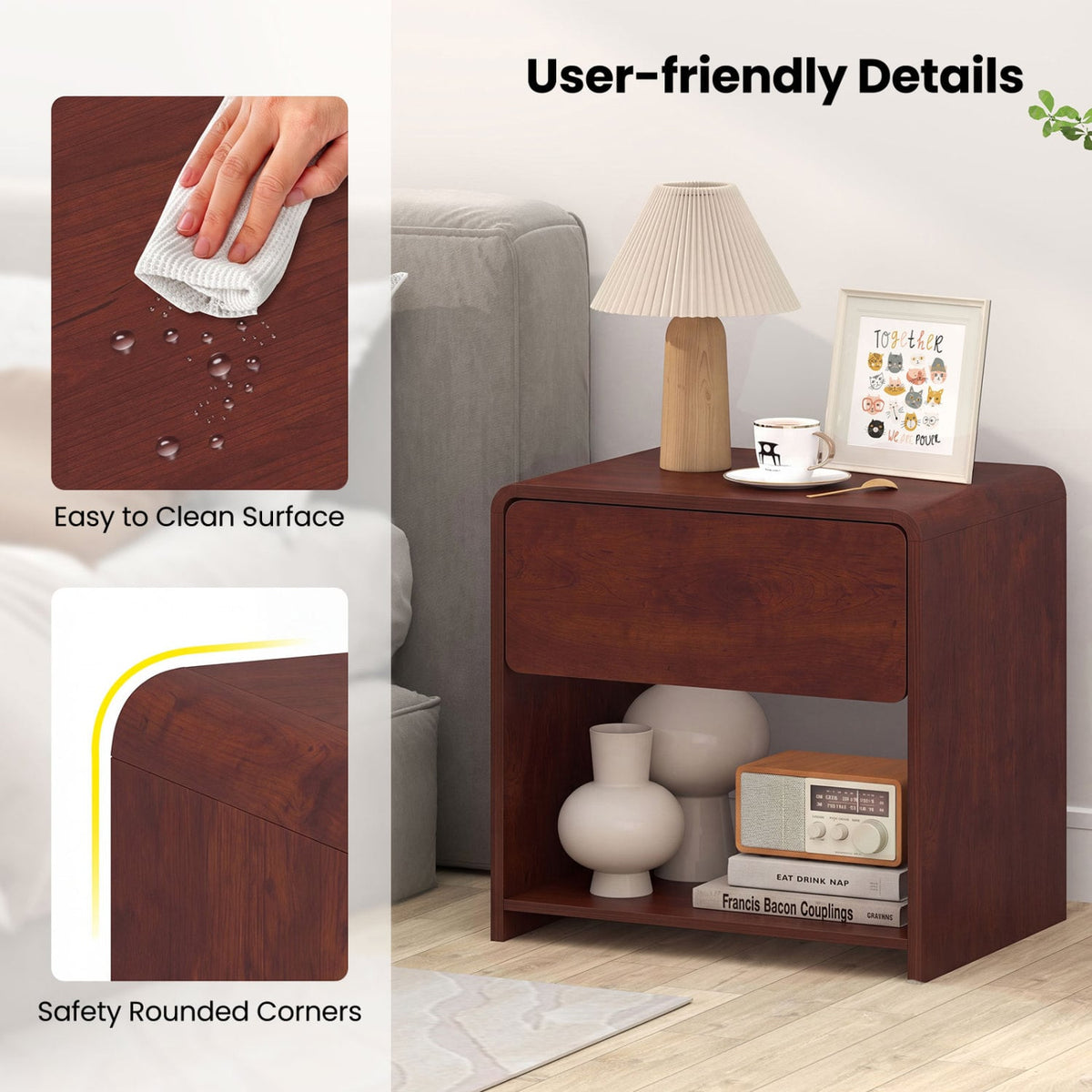 2-Tier Modern Style Nightstand with Drawer and Open Shelf for Bedroom-Walnut-Nightstands-DECOROLALA