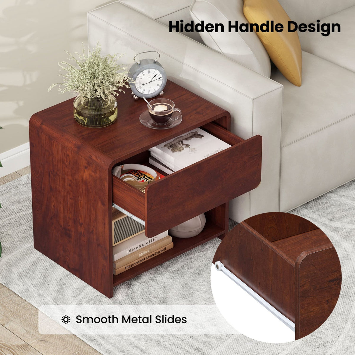 2-Tier Modern Style Nightstand with Drawer and Open Shelf for Bedroom-Walnut-Nightstands-DECOROLALA
