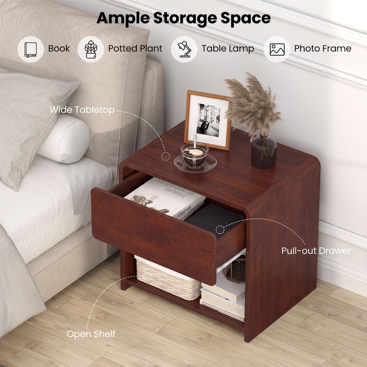 2-Tier Modern Style Nightstand with Drawer and Open Shelf for Bedroom-Walnut-Nightstands-DECOROLALA