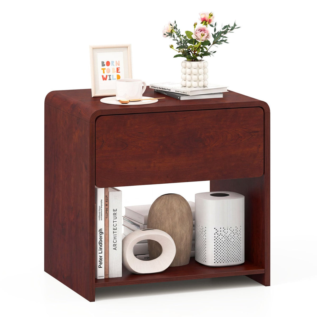 2-Tier Modern Style Nightstand with Drawer and Open Shelf for Bedroom-Walnut-Nightstands-DECOROLALA