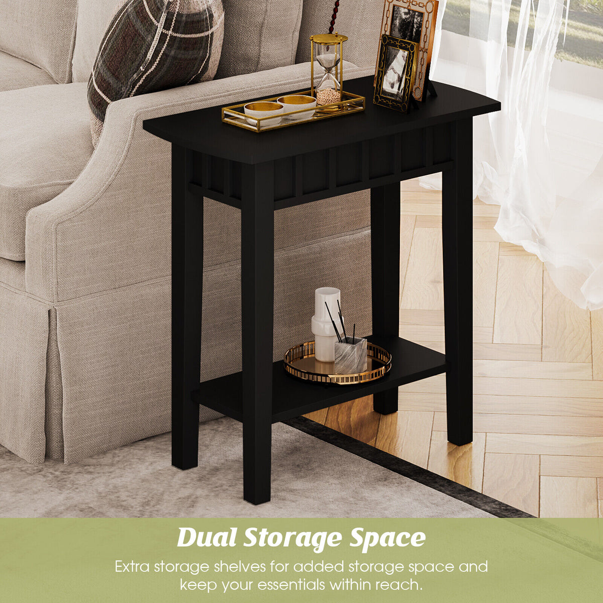 2-Tier Narrow Wood End Table with Storage Shelf for Small Spaces-Black-End & Side Tables-DECOROLALA