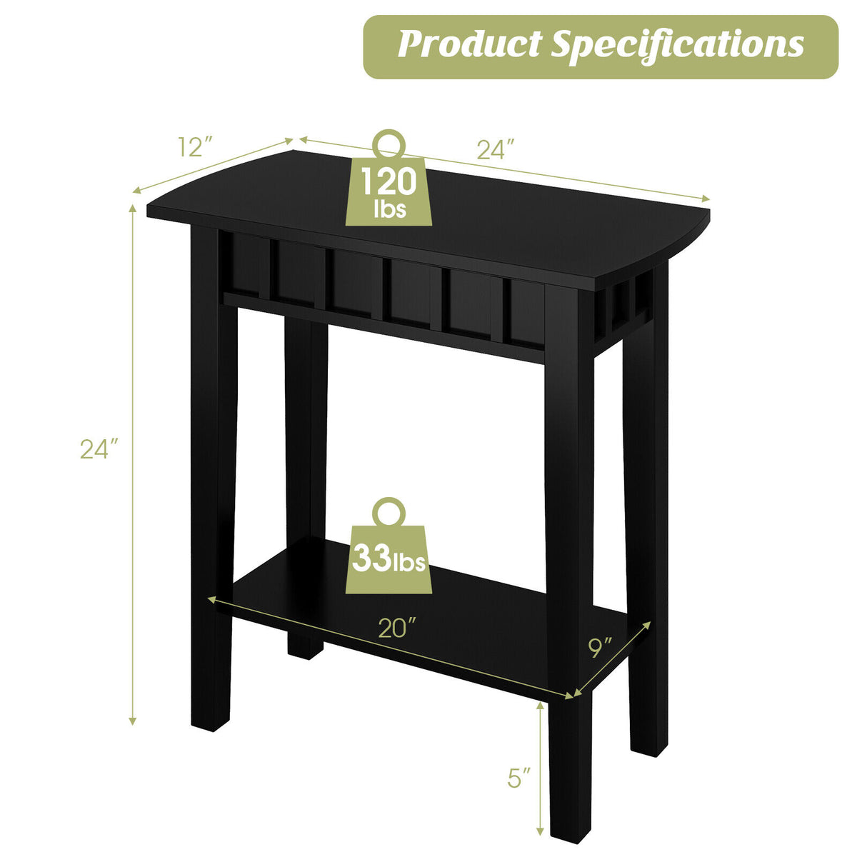 2-Tier Narrow Wood End Table with Storage Shelf for Small Spaces-Black-End & Side Tables-DECOROLALA