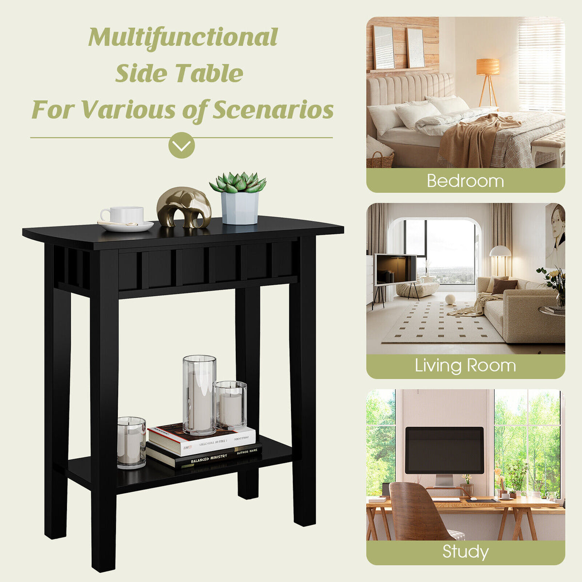 2-Tier Narrow Wood End Table with Storage Shelf for Small Spaces-Black-End & Side Tables-DECOROLALA