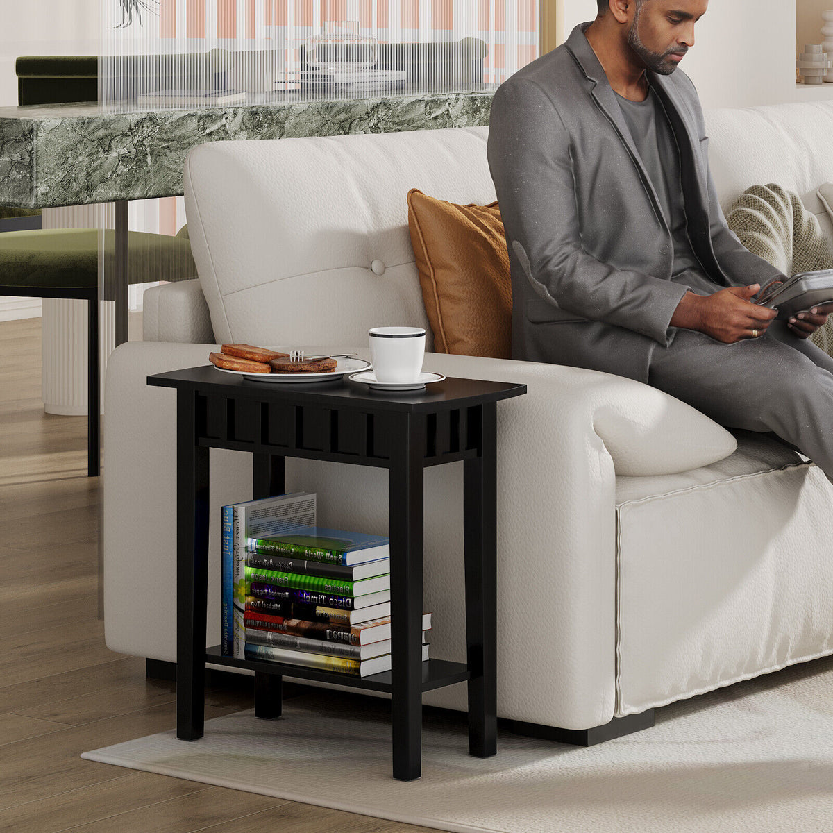 2-Tier Narrow Wood End Table with Storage Shelf for Small Spaces-Black-End & Side Tables-DECOROLALA