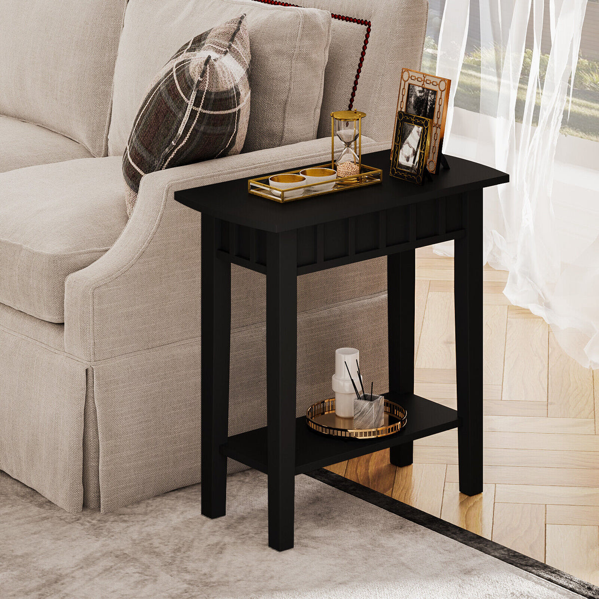 2-Tier Narrow Wood End Table with Storage Shelf for Small Spaces-Black-End & Side Tables-DECOROLALA