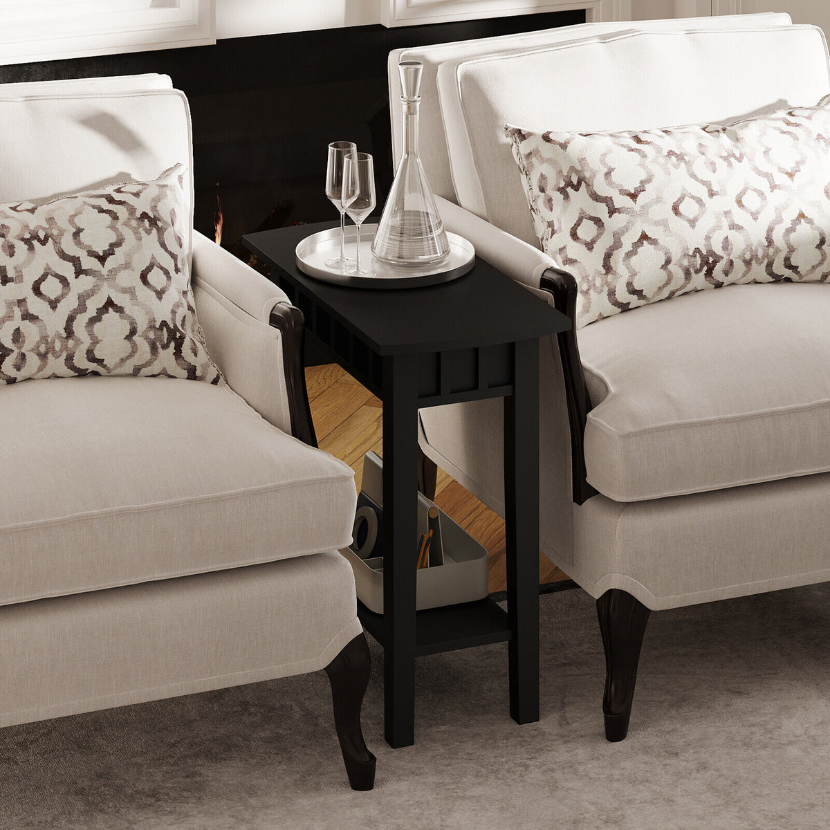 2-Tier Narrow Wood End Table with Storage Shelf for Small Spaces-Black-End & Side Tables-DECOROLALA