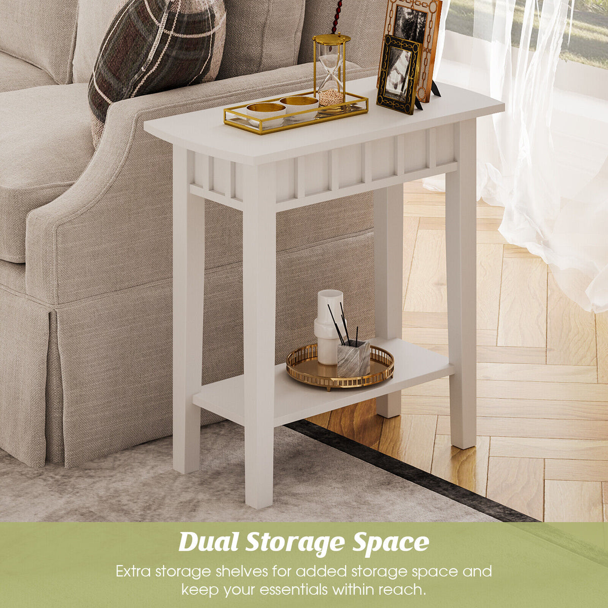 2-Tier Narrow Wood End Table with Storage Shelf for Small Spaces-White-End & Side Tables-DECOROLALA
