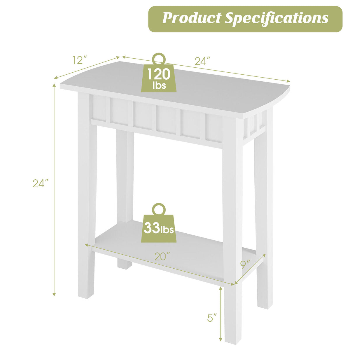 2-Tier Narrow Wood End Table with Storage Shelf for Small Spaces-White-End & Side Tables-DECOROLALA
