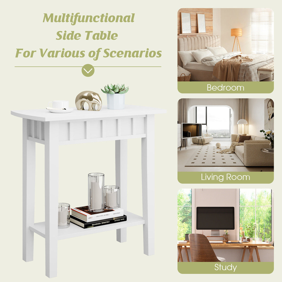 2-Tier Narrow Wood End Table with Storage Shelf for Small Spaces-White-End & Side Tables-DECOROLALA