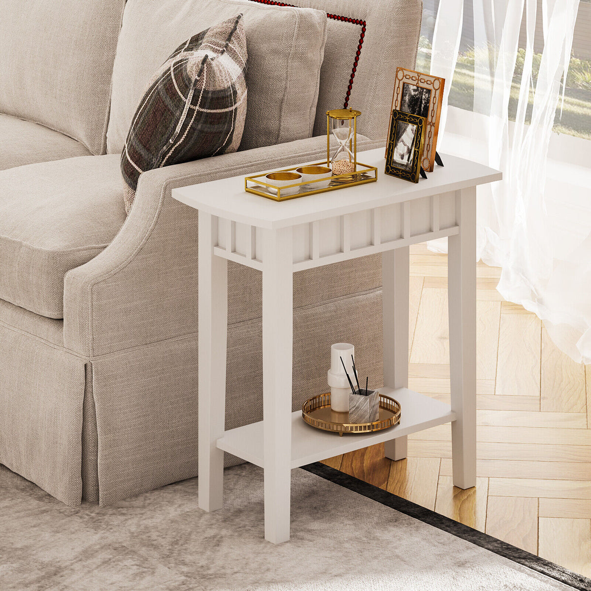 2-Tier Narrow Wood End Table with Storage Shelf for Small Spaces-White-End & Side Tables-DECOROLALA