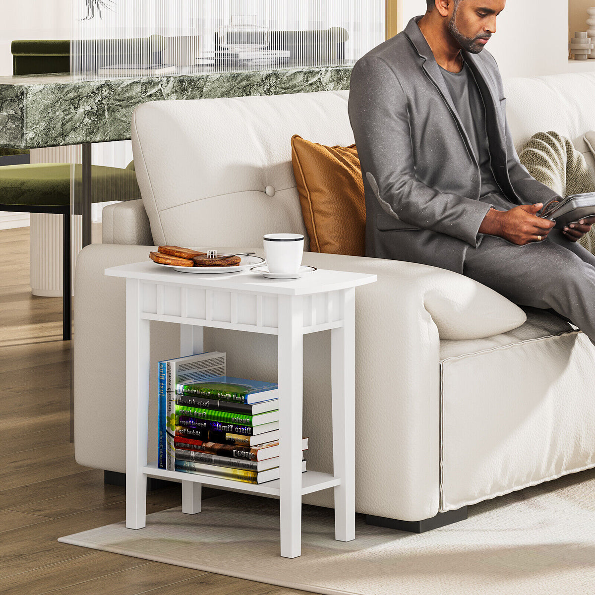 2-Tier Narrow Wood End Table with Storage Shelf for Small Spaces-White-End & Side Tables-DECOROLALA