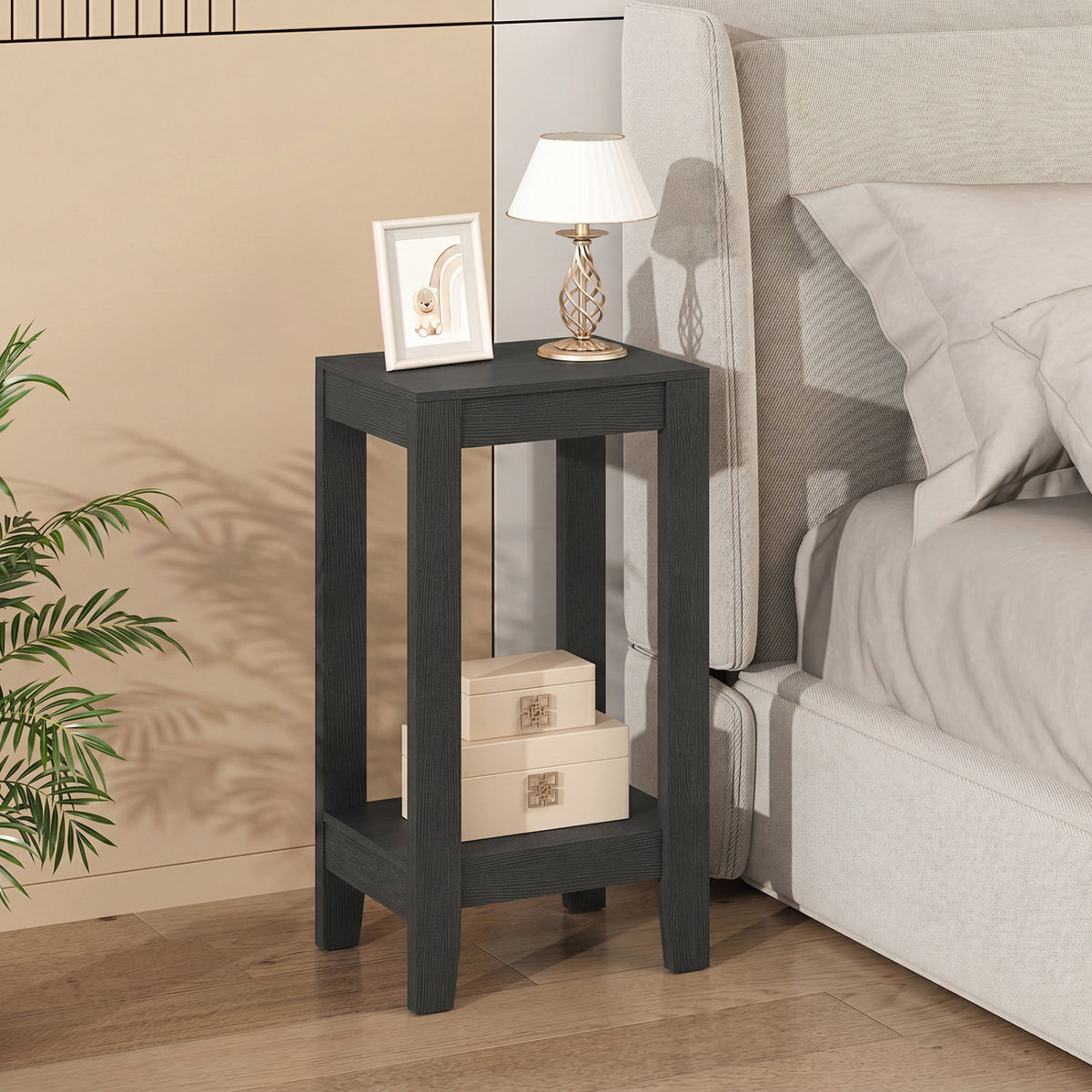 2-Tier Nightstand End Side Wooden Legs Table for Bedroom-Black-End & Side Tables-DECOROLALA