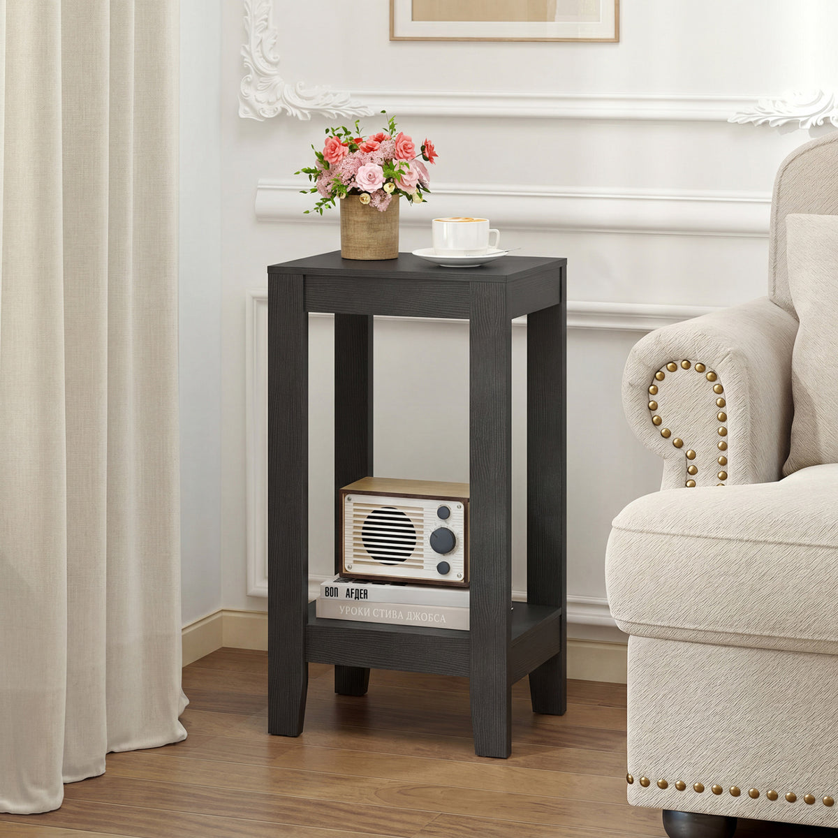 2-Tier Nightstand End Side Wooden Legs Table for Bedroom-Black-End & Side Tables-DECOROLALA