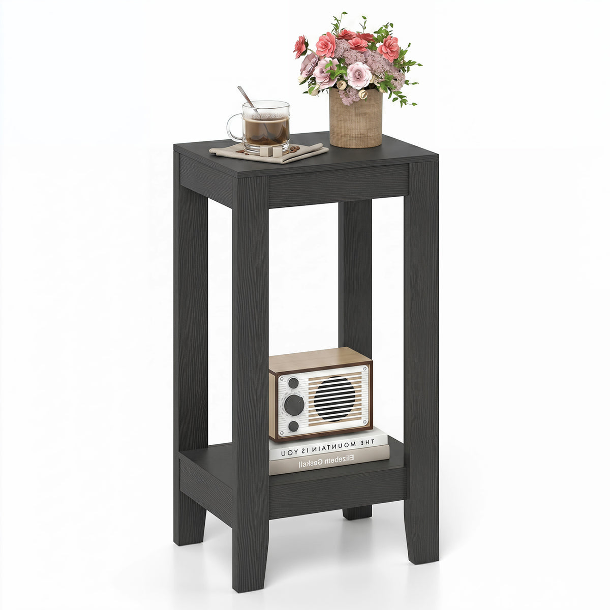 2-Tier Nightstand End Side Wooden Legs Table for Bedroom-Black-End & Side Tables-DECOROLALA