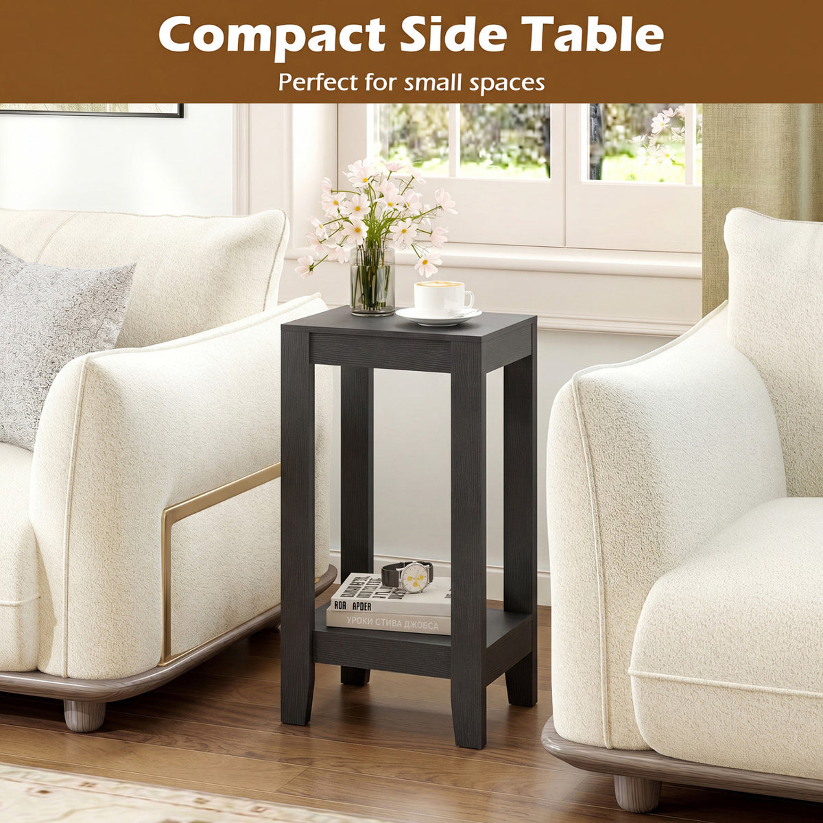 2-Tier Nightstand End Side Wooden Legs Table for Bedroom-Black-End & Side Tables-DECOROLALA