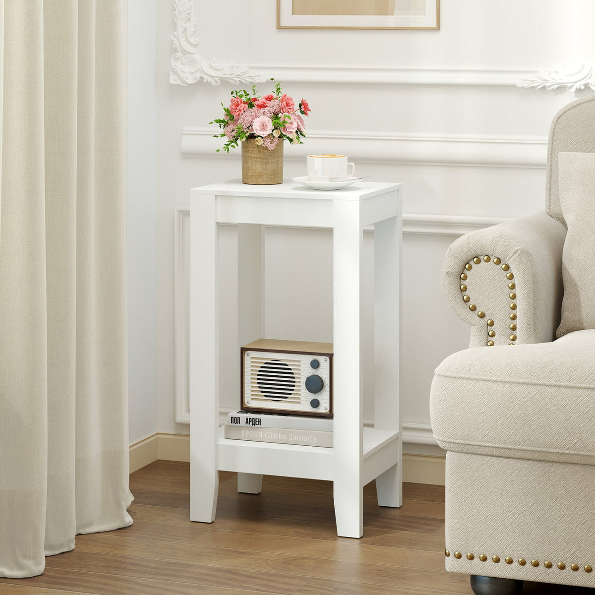 2-Tier Nightstand End Side Wooden Legs Table for Bedroom-White-End & Side Tables-DECOROLALA