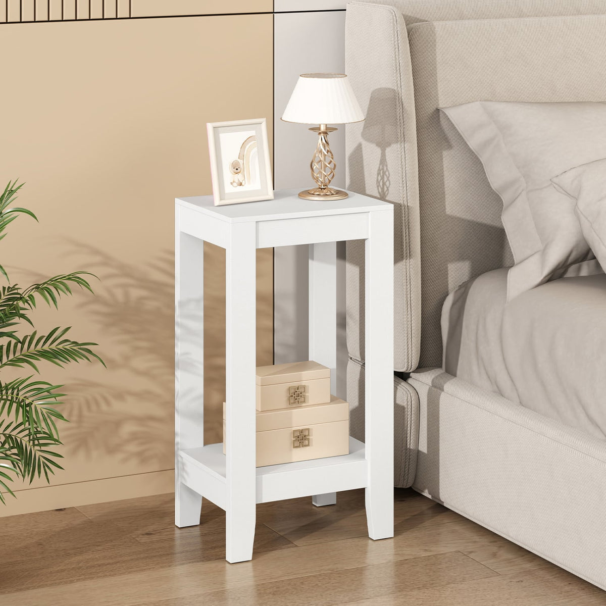 2-Tier Nightstand End Side Wooden Legs Table for Bedroom-White-End & Side Tables-DECOROLALA