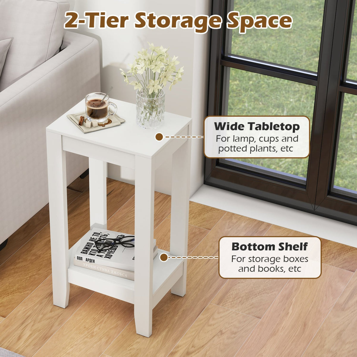 2-Tier Nightstand End Side Wooden Legs Table for Bedroom-White-End & Side Tables-DECOROLALA