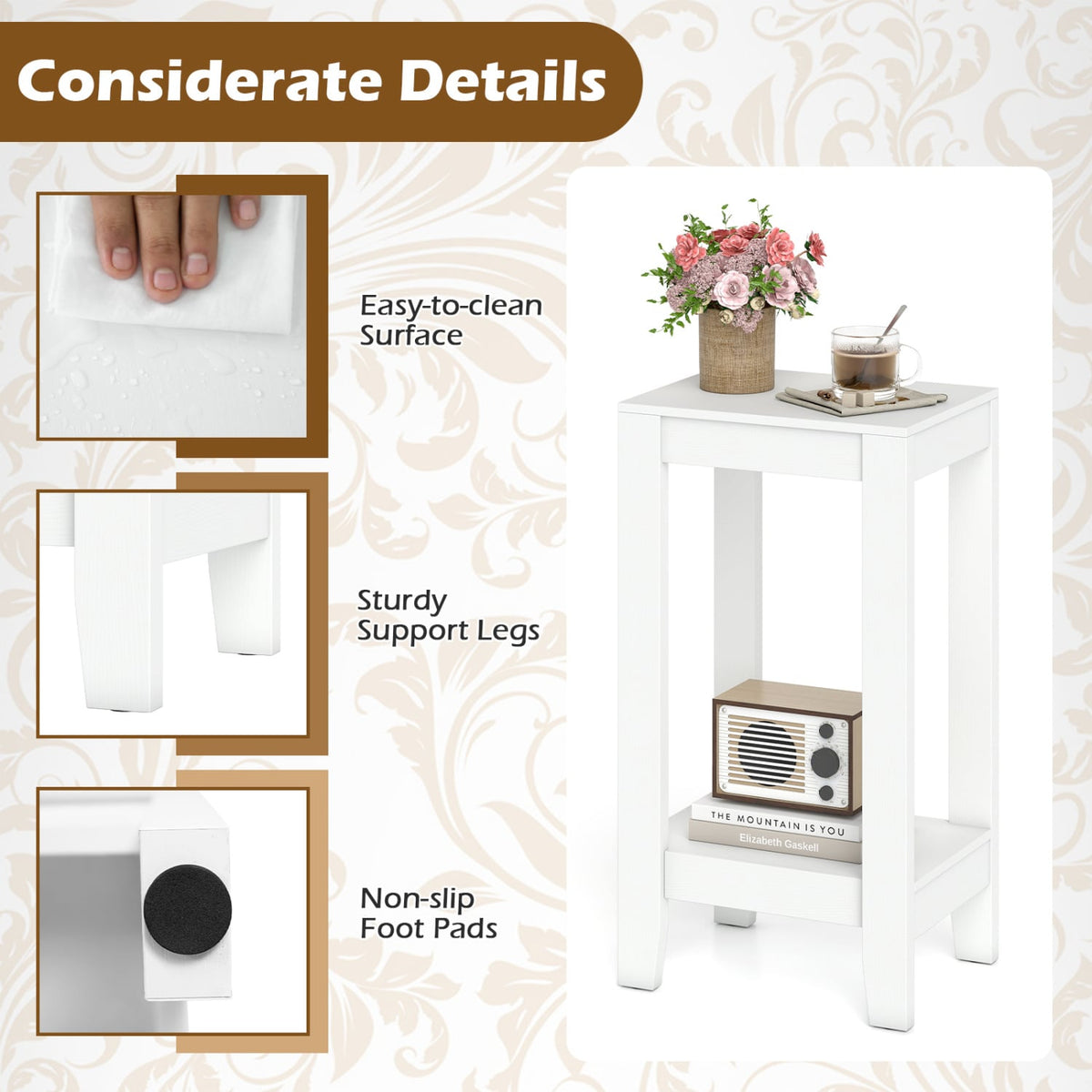 2-Tier Nightstand End Side Wooden Legs Table for Bedroom-White-End & Side Tables-DECOROLALA