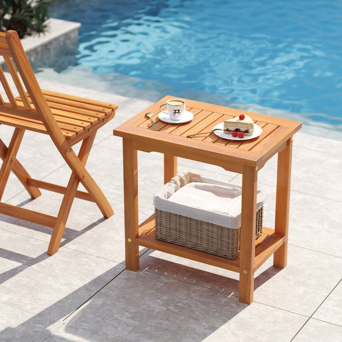 2-Tier Outdoor Acacia Wood Side Table with Slatted Tabletop and Storage Shelf-Patio Coffee Tables-DECOROLALA